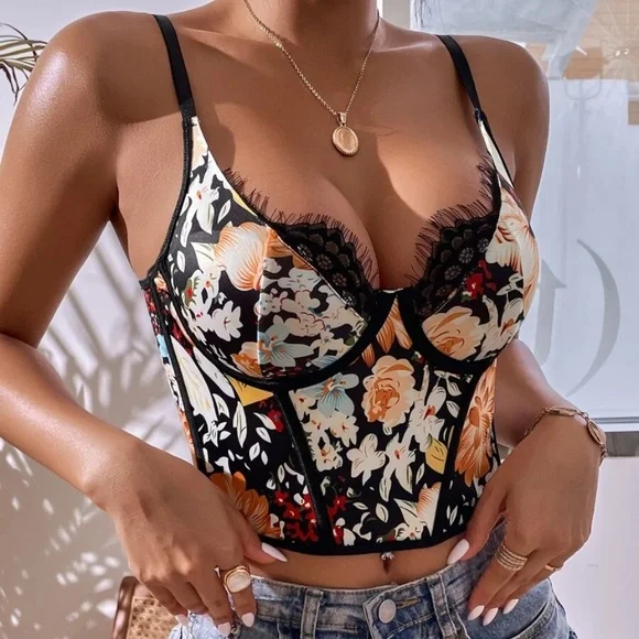 Boho Floral Print Lace Trim Cami Tank Top - Picture 1 of 5